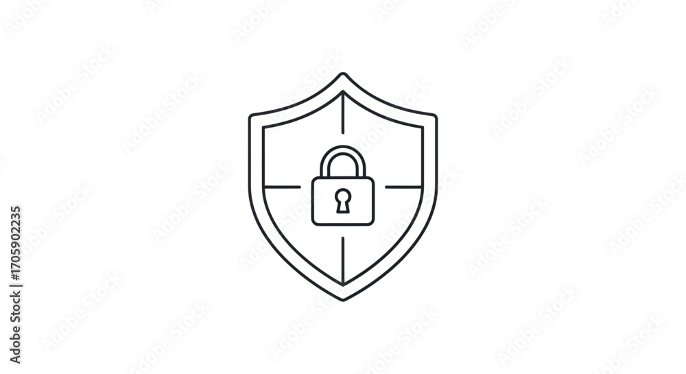 Poster minimalist line art icon of a security shield with a padlock symbolizing protection and safety.