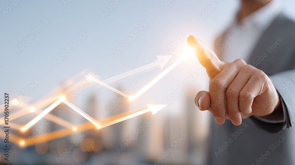 Poster business growth concept with hand pointing at dynamic arrow graph representing success and progress 