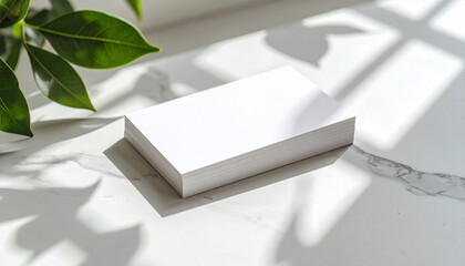 Blank Business Card Mockup on Marble with Leaf Shadows