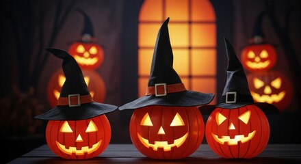 Spooky halloween pumpkins wearing witch hats glowing in the dark setting