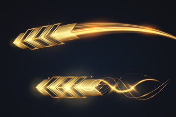Golden glowing arrow with light trail and abstract wave motion effect on dark transparent background.  © NAUM