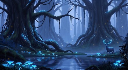 Fantasy Forest with Deer and Glowing Mushrooms