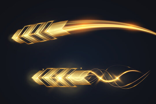 Golden glowing arrow with light trail and abstract wave motion effect on dark transparent background.	