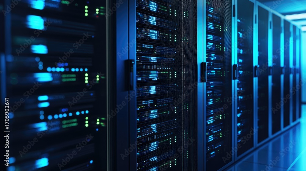 Poster advanced data center with glowing server racks in secure facility, ideal for it infrastructure, clou