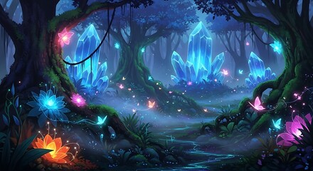 Magical Forest with Crystals and Butterflies