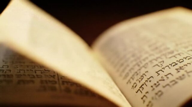 Close-up view of an open book with Hebrew text, pages slightly illuminated.