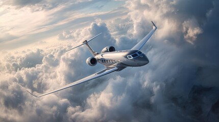 Sleek private jet soars majestically through a dramatic sky filled with fluffy clouds
