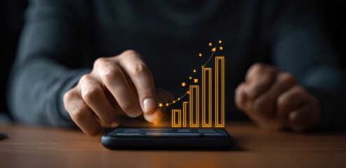 A hand interacts with a smartphone displaying a glowing, ascending graph on a wooden surface in a dark environment