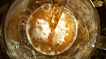 Pouring Beer into Pint Glass on Old Wooden Table, Top Down View.