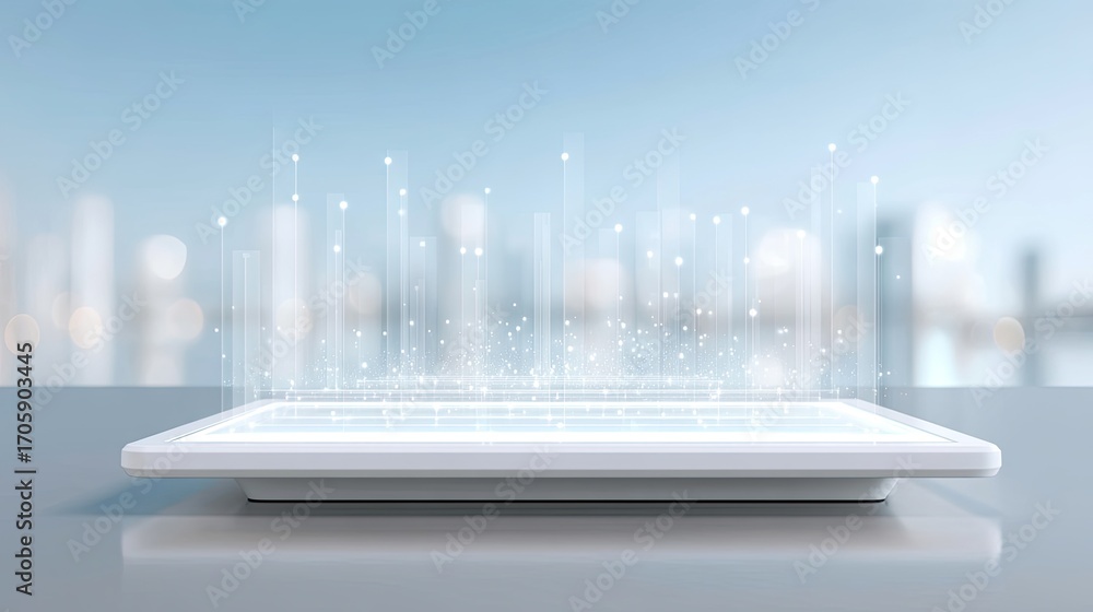 Poster modern tablet device with glowing digital interface and abstract data visualization in a futuristic 