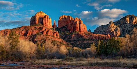 Southwestern vista of red rock formations under a bright blue, partly cloudy sky with barren trees & grasses in a desert wash foreground