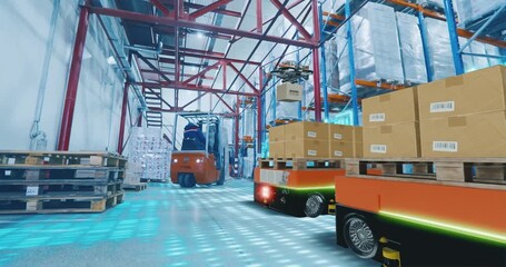 Cold storage food warehouse concept. Smart frozen storage warehouse. Smart Logistics. AI Robots and drones pick orders and transport cardboard boxes in a large automated cold storage warehouse.  - Powered by Adobe