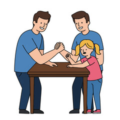 Obraz premium Vintage-style illustration of a young girl arm wrestling with a man, assisted by another man, on a brown table against a clean white background with a playful mood.