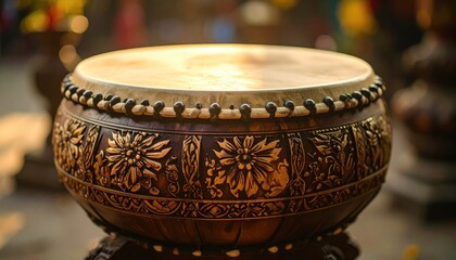 Detailed Ornate Drum Close Up with Intricate Floral Carvings in Warm Tones and Selective Focus Creates a Traditional Musical Atmosphere
