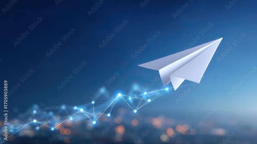 Poster paper airplane soaring above a cityscape with a glowing network of connections in the background at 
