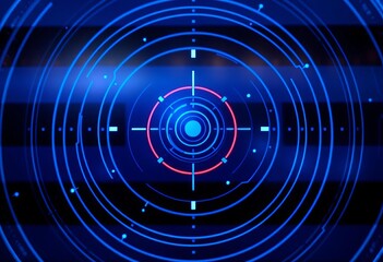 Abstract blue radar screen with concentric circles and blips, vector, futuristic