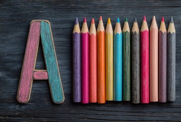 A" letter block next to colorful pencils, aligned on a rustic wooden surface. Hues include pink, blue, yellow, green, & grayscale tones