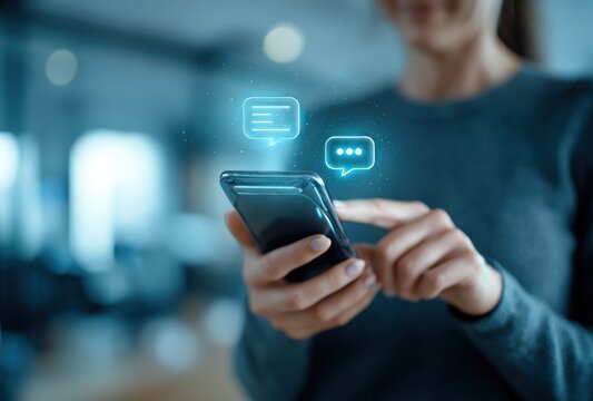 Woman interacts with luminous chat bubbles above her phone in a blurred blue-toned office. Focus on the device and floating communication icons - Powered by Adobe