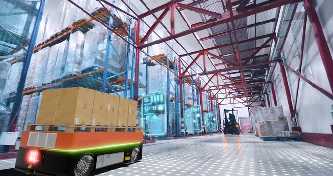 AI Robots and drones pick orders and transport cardboard boxes in a large automated cold storage warehouse. Cold storage food warehouse concept. Smart frozen storage warehouse. Storing frozen foods. 