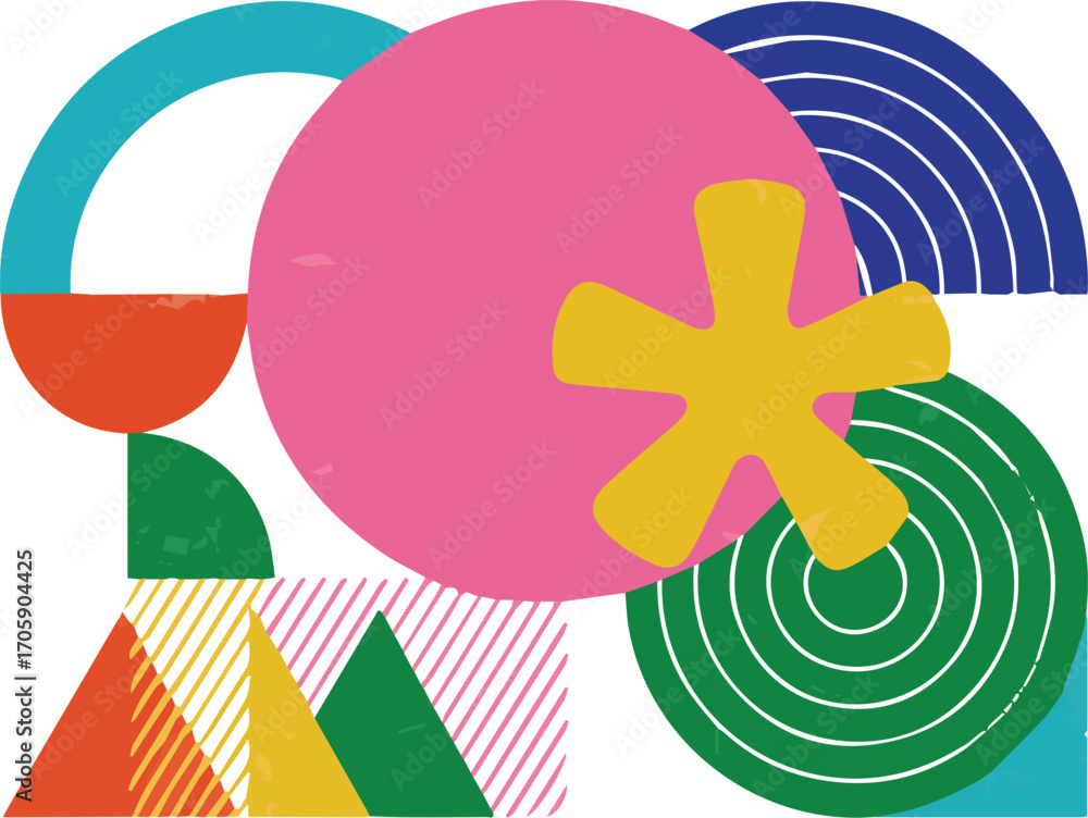 Poster vector art of colorful geometric shapes arranged in a playful composition on light background