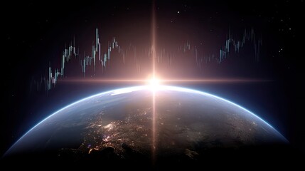Stunning View of Earth with Dramatic Sunrise and Stock Market Graph Overlaying the Atmosphere
