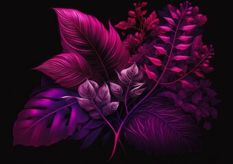 A striking arrangement of tropical leaves and botanical elements rendered in vivid neon pink, purple, and fuchsia tones against a black background.