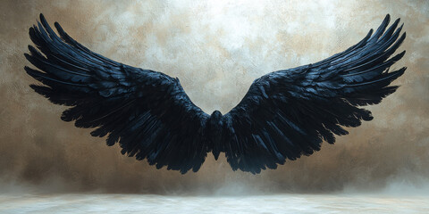 Black angel or bird wings with feathers spread open. Centered on light brown background.