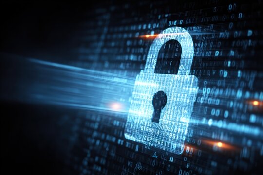 Digital security concept An image featuring a glowing padlock made of binary code against a background of binary data, highlighted with streaks of light