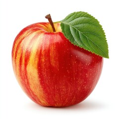 Ripe red apple with a single green leaf attached to its stem, standing on a white surface, illuminated by soft light, highlighting its vibrant colors