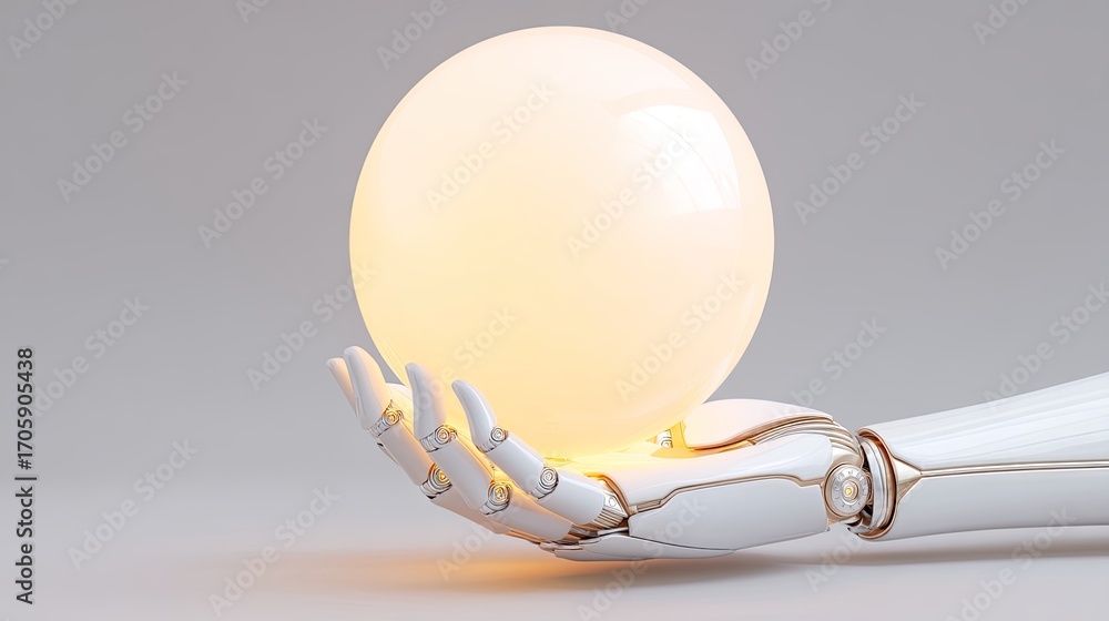 Aufkleber futuristic robotic hand holding a glowing orb in a minimalist setting emphasizing technology and inn