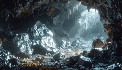 Mining silver ore underground cave mineral collection dark environment close-up view industrial concept