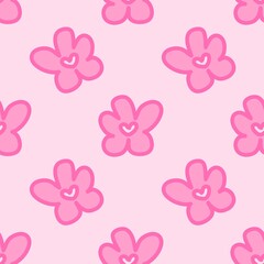 Pink groovy flower pattern background. Cute groovy floral pattern background. Pink blossom seamless pattern. Seamless patterns with doodle pink flowers.