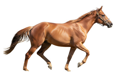 Obraz premium A beautiful chestnut horse with a dark mane trots gracefully, showcasing its strong, muscular build.