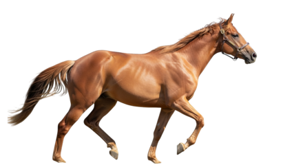 A beautiful chestnut horse with a dark mane trots gracefully, showcasing its strong, muscular build.