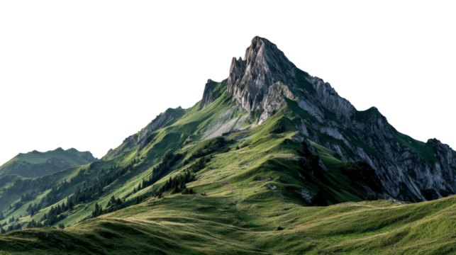Sharp rocky mountain peak with green grassy slopes and trees isolated on transparent background
