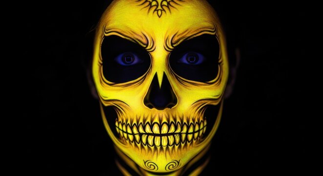 Person with yellow skull face paint for day of the dead celebration portrait - Powered by Adobe