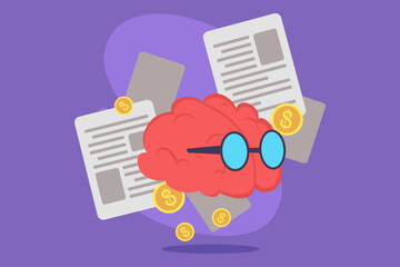 Cartoon-style brain with glasses amidst floating papers and coins, representing creativity and innovation in finance. Active thought process related to money concept