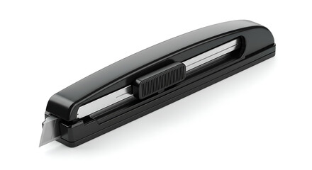 Sleek and Versatile: A Detailed Studio Shot of a Modern Black Box Cutter with Silver Blade and Actuator Design.