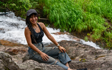 Thai Girl at Water-falls and National Parks in Thailand