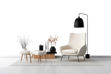 Modern living room with beige sofa armchair coffee table and plant decor isolated on transparent background