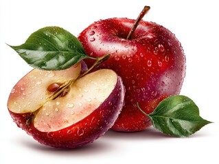 Two apples, one whole and one halved, glistening with water droplets, adorned with green leaves, on a white backdrop, showcasing natural beauty