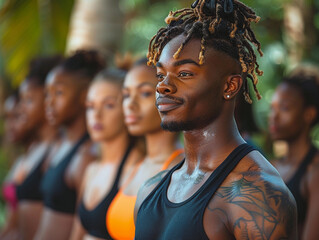 Fitness instructor leads a group workout session outdoors Generative AI