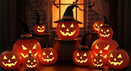 Obraz premium Glowing jack o lanterns and pumpkins with witch hats for halloween night