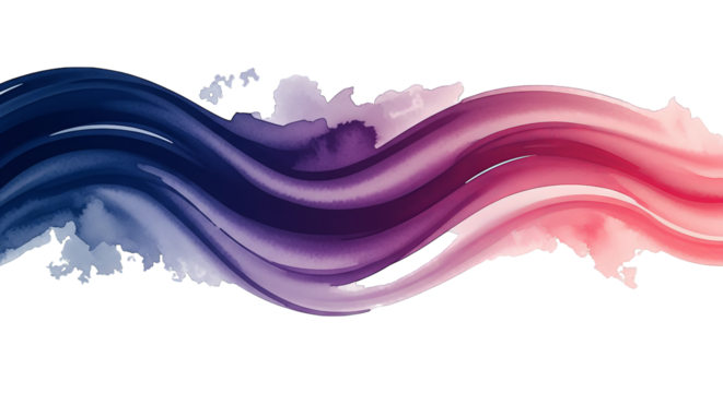 Abstract watercolor ribbon flows across a dark backdrop, showcasing a gradient of blue to pink.