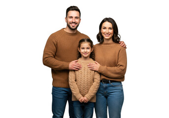 Happy family in matching sweaters isolated on transparent background