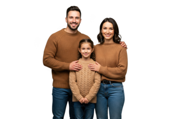 Happy family in matching sweaters isolated on transparent background