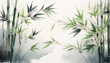 Fototapeta premium aquarel ink painting of flying bamboo leaves minimalist oriental brushwork light background generative ai