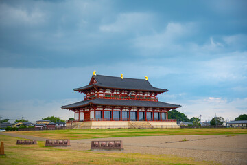 Fototapeta premium Daiichiji Daigokuden (Great Hall of State) of Heijo Palace Site Historical Park in historic city of Nara, Japan. This park belongs to Ancient Nara UNESCO World Heritage Site. 