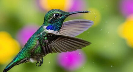 Obraz premium Magnificent Iridescent Hummingbird in Dynamic Flight, Catching Water Droplets on Beak Against Vibrant Bokeh Background