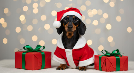 Dachshund in Holiday Outfit  Christmas Scene with Bokeh Lights & Red Boxes